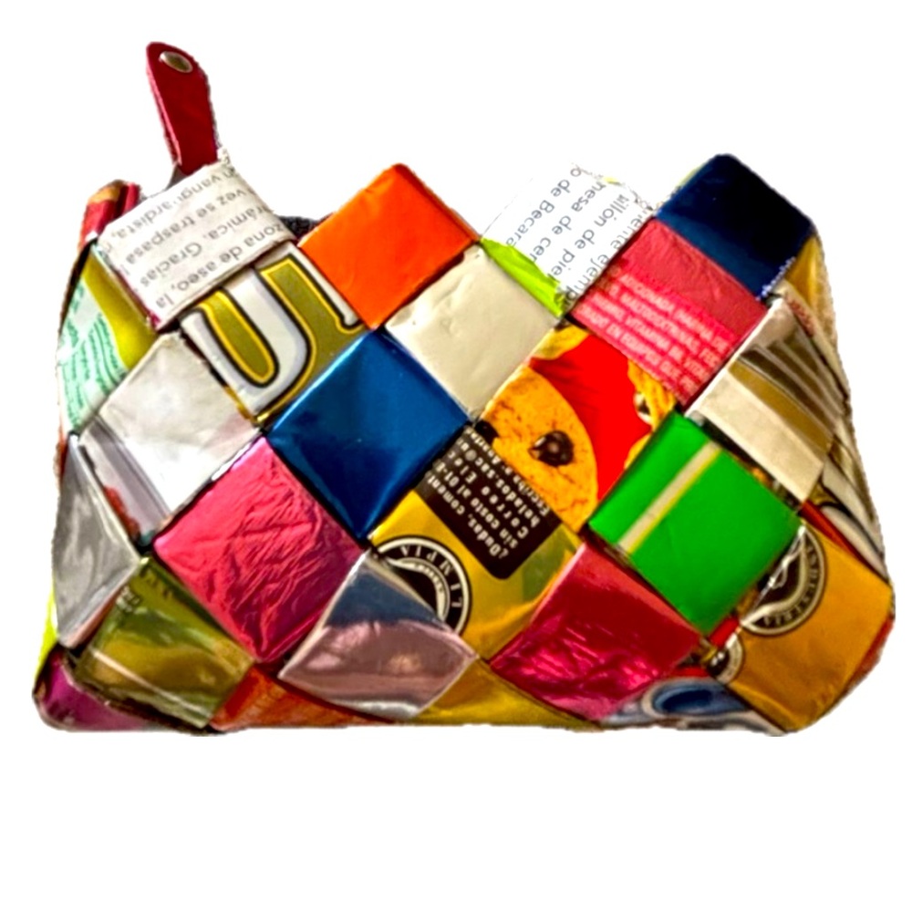 OOAK small zip case Upcycled woven wrappers; Whimsigoth DIY colorful metallic!